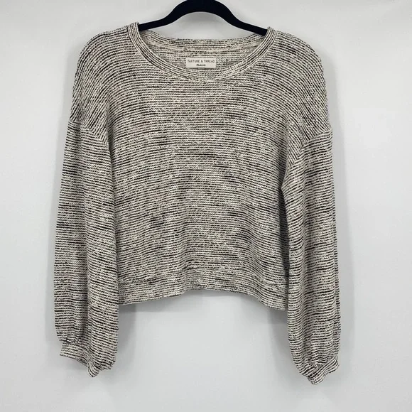 Madewell Texture and Thread Black and Cream Balloon Sleeve Sweater - Picture 1 of 11